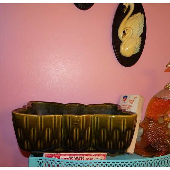 Vintage Upco Green Rectangle Planter w/ Scalloped Edges farmhouse art deco 1970s - Picture 1 of 16